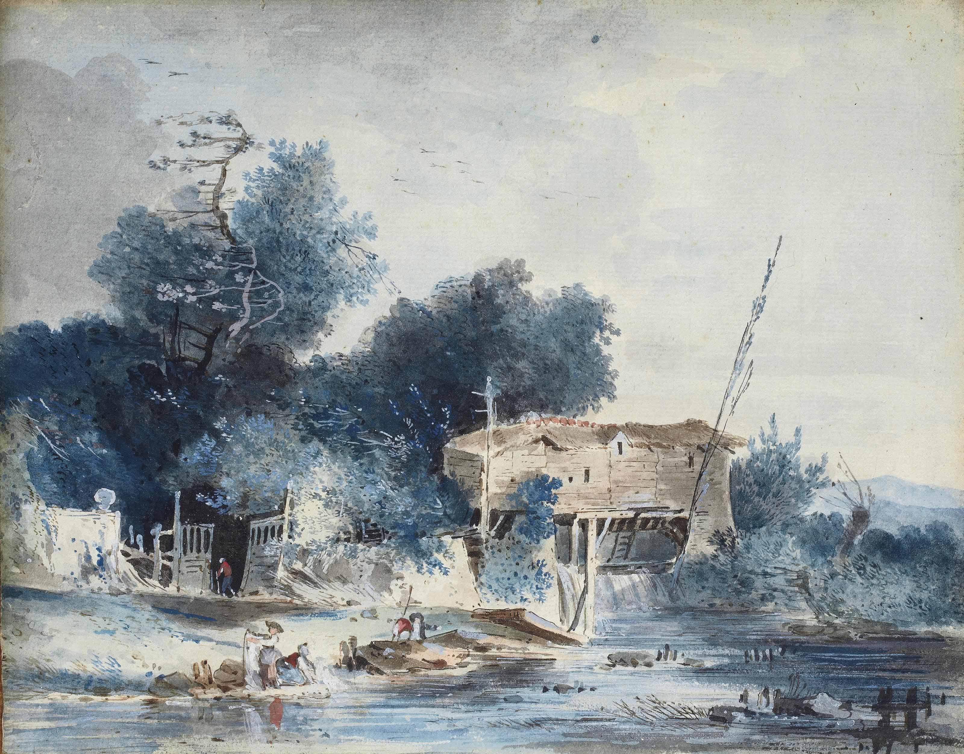 Louis-Gabriel Moreau - Paysage Avec Lavandières Et Maison