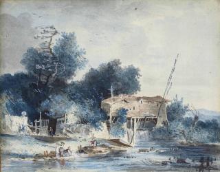 Louis-Gabriel Moreau - Paysage Avec Lavandières Et Maison