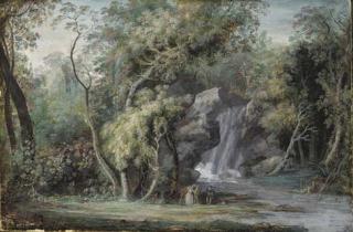 Louis-Gabriel Moreau - Paysage montagneux avec une cascade, figures au premier plan