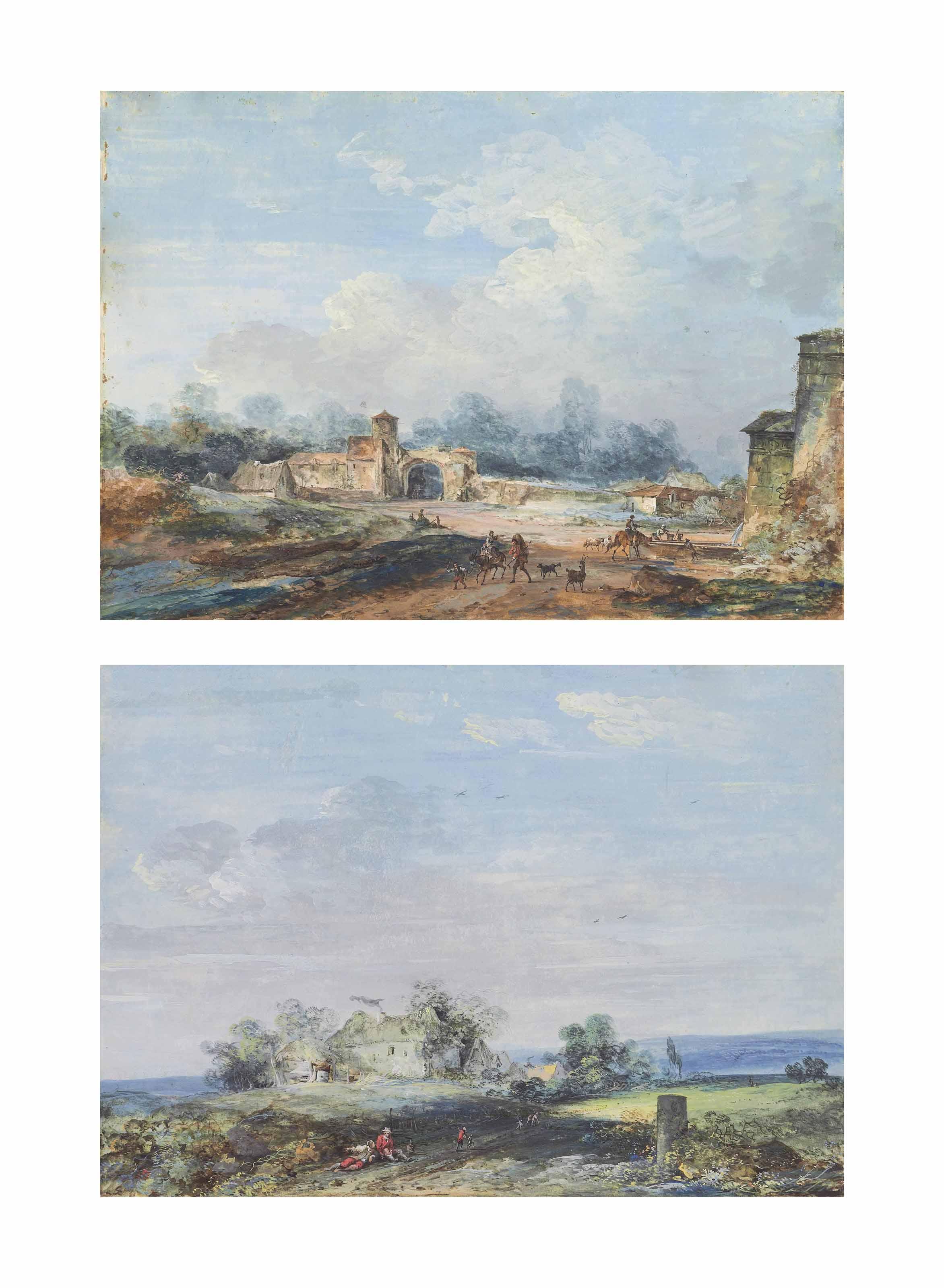 Louis-Gabriel Moreau - The Entrance To A Château, With Figures Animals In The Foreground; And Figures Resting On A Road By A Cottage