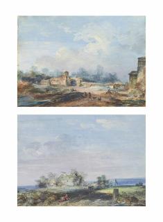 Louis-Gabriel Moreau - The Entrance To A Château, With Figures Animals In The Foreground; And Figures Resting On A Road By A Cottage