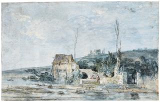 Louis-Gabriel Moreau - View Of Figures Beside A Watermill