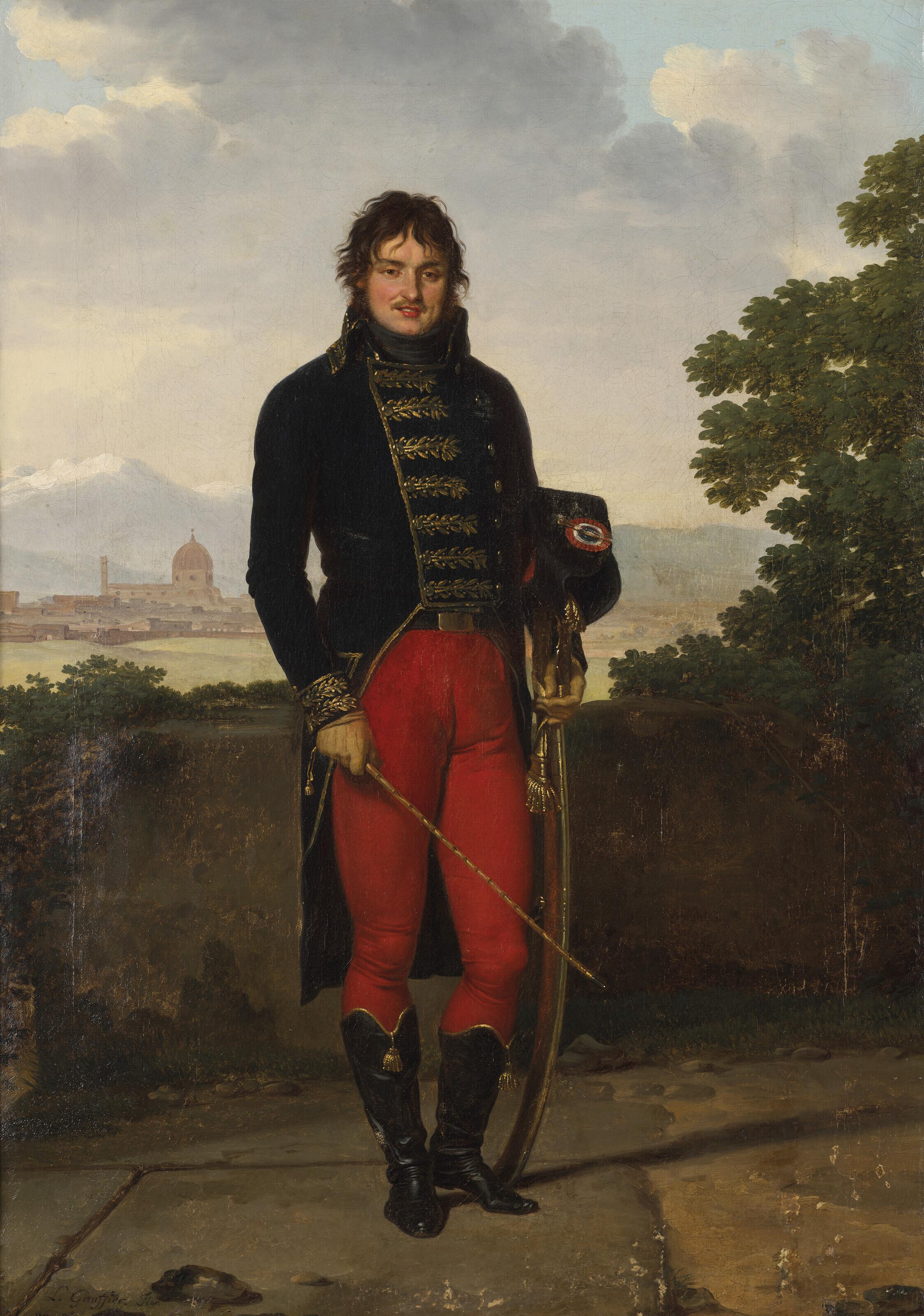 Louis Gauffier - Portrait en pied du commissaire ordonnateur de division Étienne Michaux avec la ville de Florence en arrière-plan, anciennement dit du général Jean-Claude Moreau