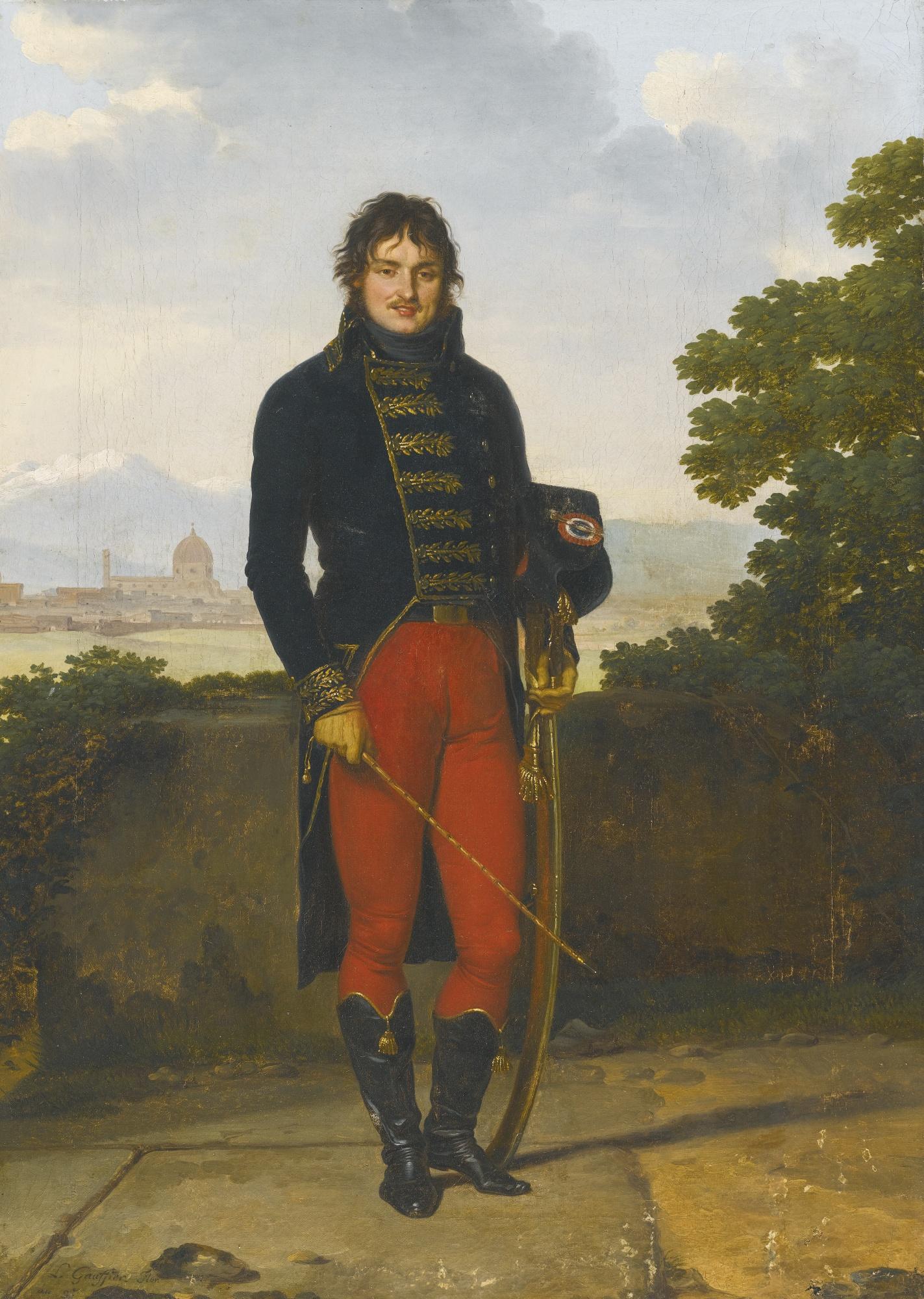 Louis Gauffier - Portrait Of An Officer, Thought To Be Général Jean-Claude Moreau (1755 -1828), Standing Full Length In Uniform On A Terrace, A View Of Florence Beyond