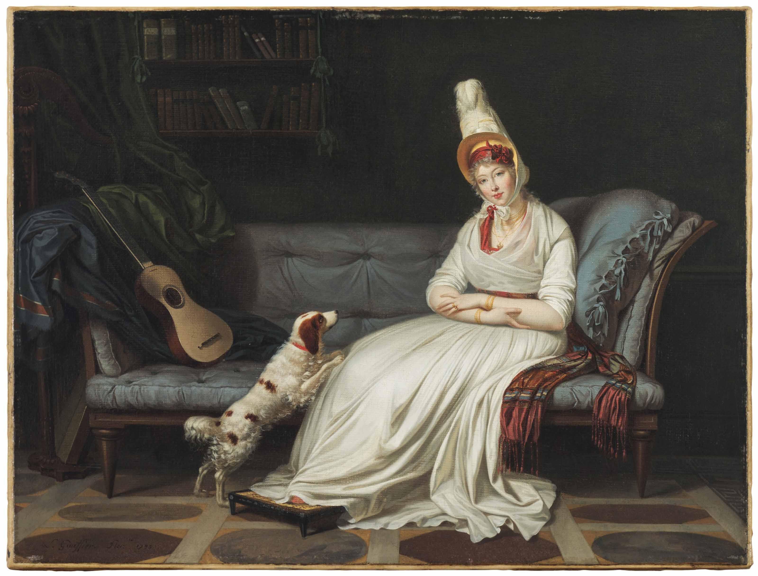 Louis Gauffier - Portrait of Elizabeth, Lady Webster, later Lady Holland (1771-1845), full-length, in a white dress and feathered hat, with her spaniel, Pierrot, on a chaise-longue, with a guitar