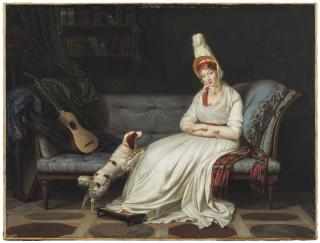 Louis Gauffier - Portrait of Elizabeth, Lady Webster, later Lady Holland (1771-1845), full-length, in a white dress and feathered hat, with her spaniel, Pierrot, on a chaise-longue, with a guitar