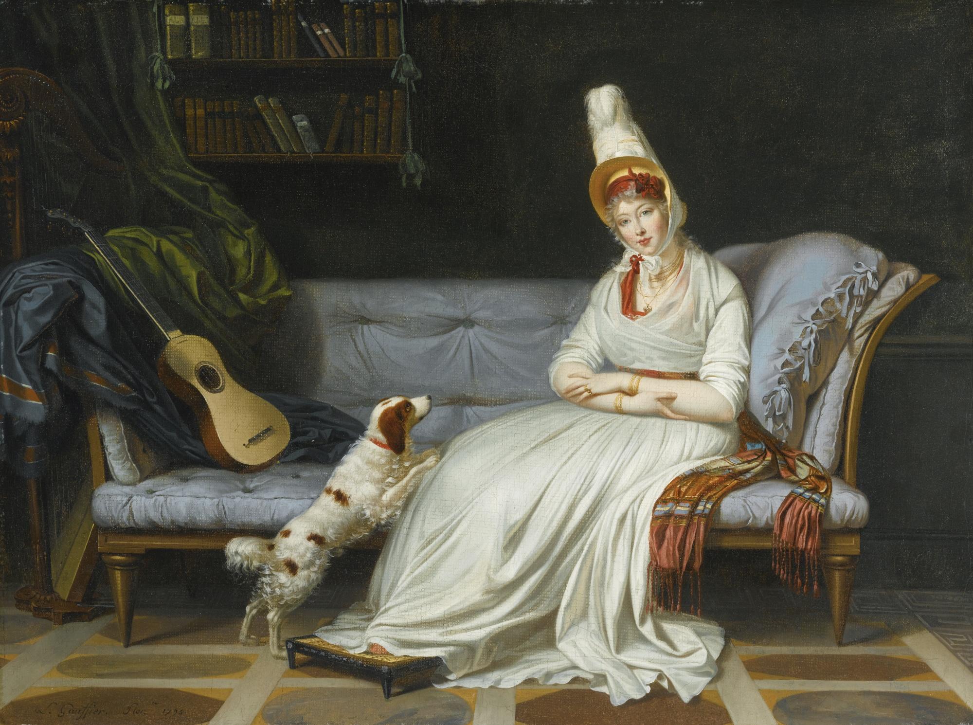 Louis Gauffier - Portrait Of Elizabeth, Lady Webster, Later Lady Holland, Seated Full-Length, In A White Dress And Feathered Hat, With Her Spaniel Pierrot, On A \'Chaise-Longue,\' With A Guitar, In An Interior