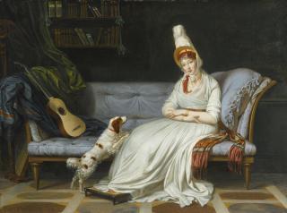 Louis Gauffier - Portrait Of Elizabeth, Lady Webster, Later Lady Holland, Seated Full-Length, In A White Dress And Feathered Hat, With Her Spaniel Pierrot, On A \'Chaise-Longue,\' With A Guitar, In An Interior