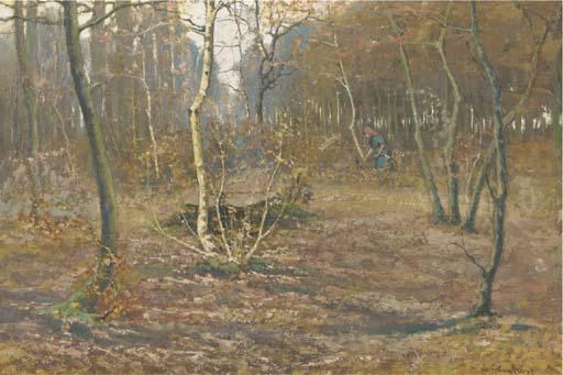 Louis Gustave Cambier - Gathering wood in a forest in autumn