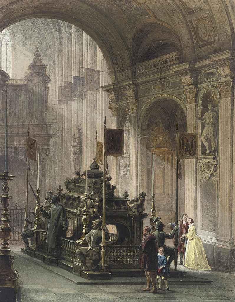 Louis Haghe, P.R.I. - Figures in historical costume in a mausoleum
