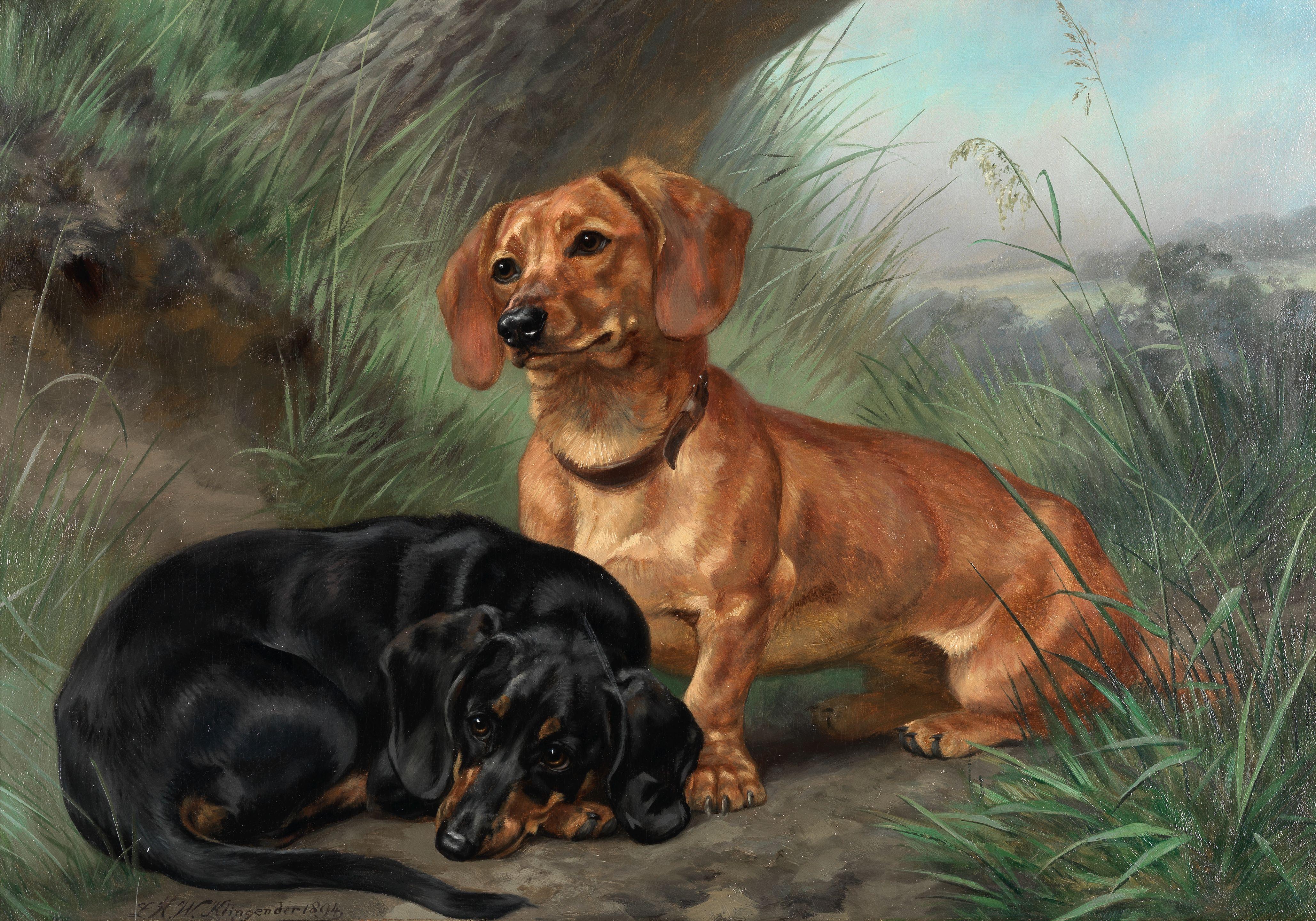 Louis Henry Weston Klingender - Two dachshunds in a landscape