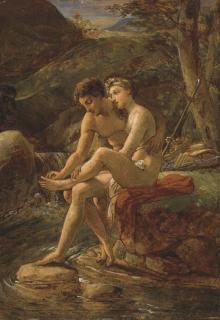 Louis Hersent - Daphnis pulling a thorn from Chloë\'s foot by a river