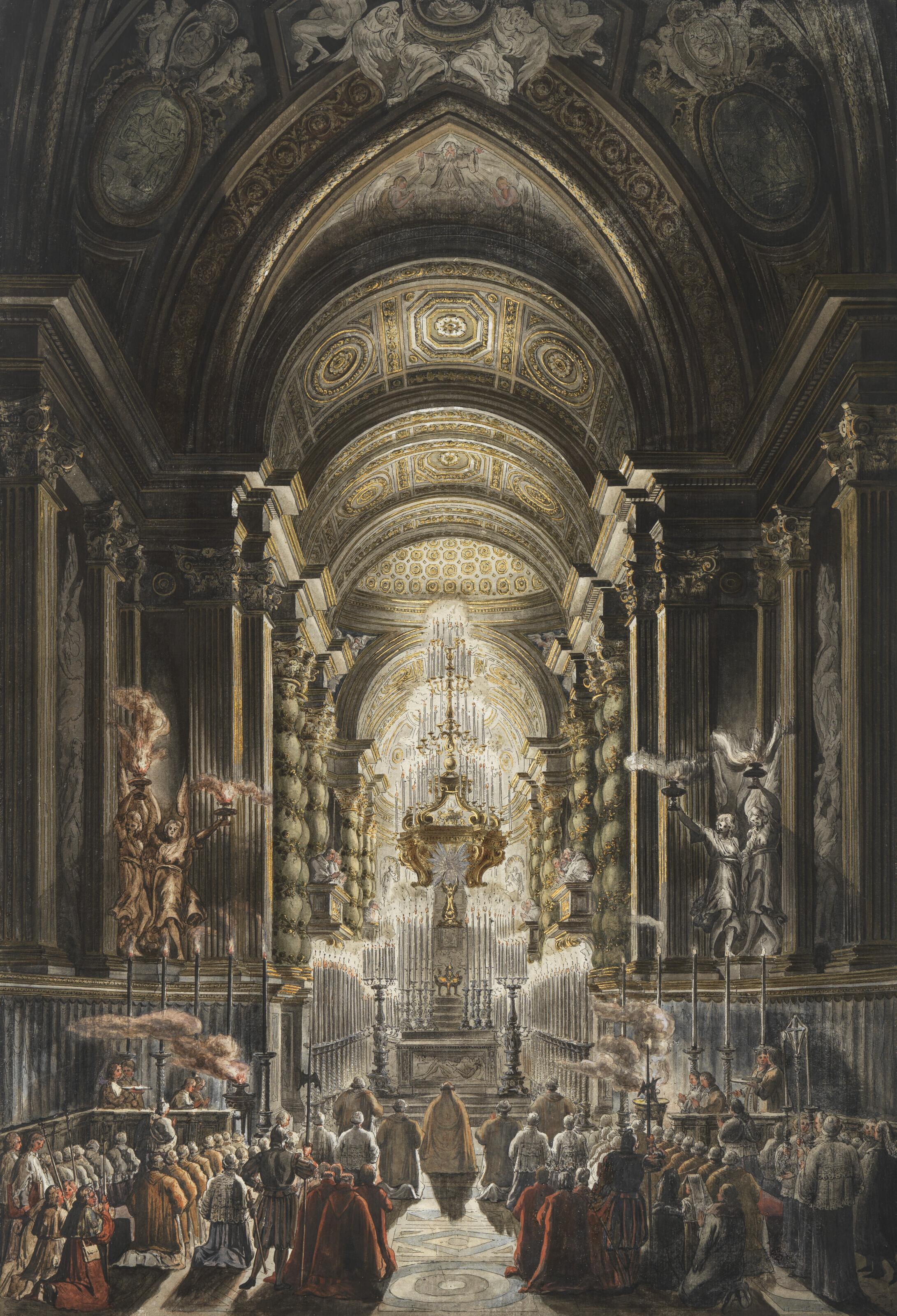 Louis-Jean Desprez - A view of the Pauline Chapel during the Vigil of the Forty Hours, in the Vatican Palace, Rome