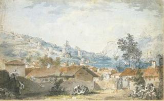 Louis-Jean Desprez - Marina mediterranea con un borgo, e vele in lontananza