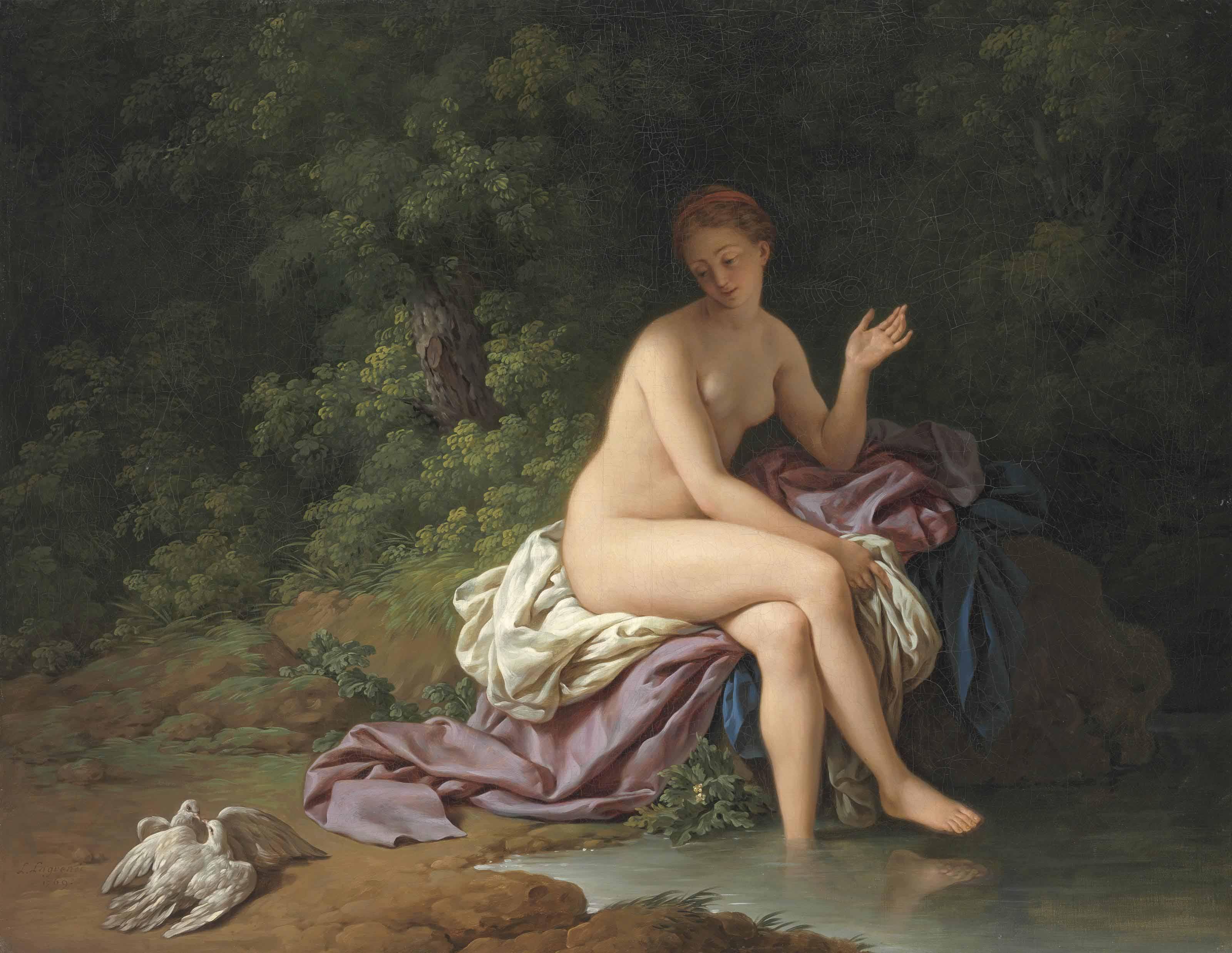 Louis Jean François Lagrenée I - A Lady Bathing By A River, With Two Turtledoves