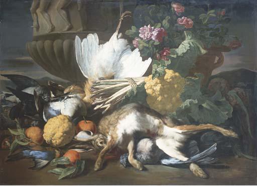 Louis-Joseph Le Lorrain - Gibier, Bouquet de Fleurs, Chou-Fleur, Cédrat, Asperges, Artichauts Et Oranges Devant Une Urne Sculptée Sur Un Fond de Paysage