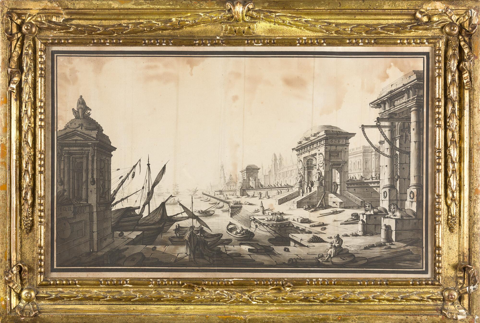 Louis Joseph Le Lorrain - Hafenansicht mit Blick auf eine Stadt.