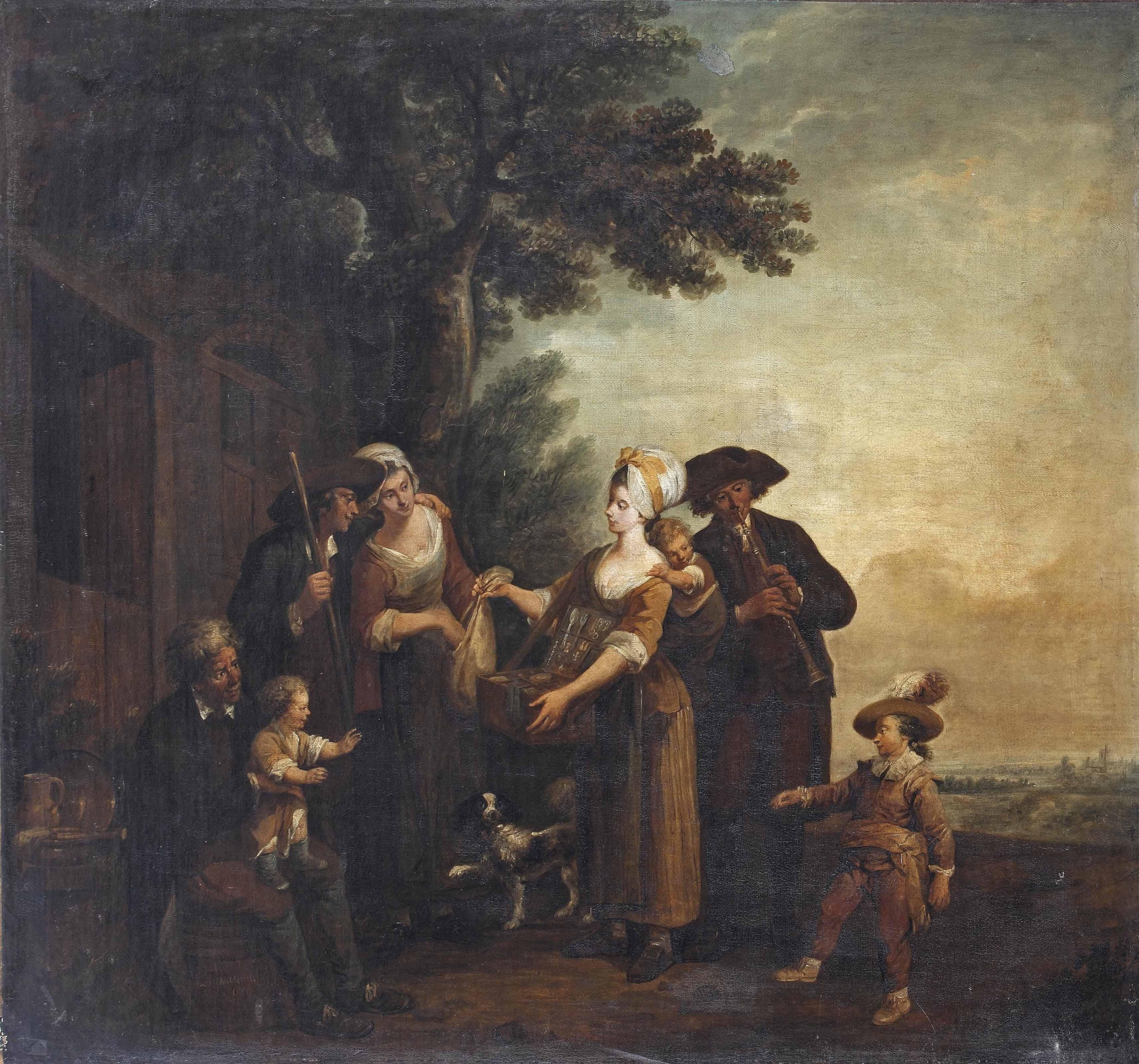 Louis-Joseph Watteau - A pastoral scene with a merchant family presenting goods to a family outside a house