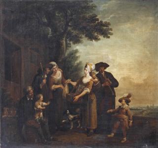 Louis-Joseph Watteau - A pastoral scene with a merchant family presenting goods to a family outside a house