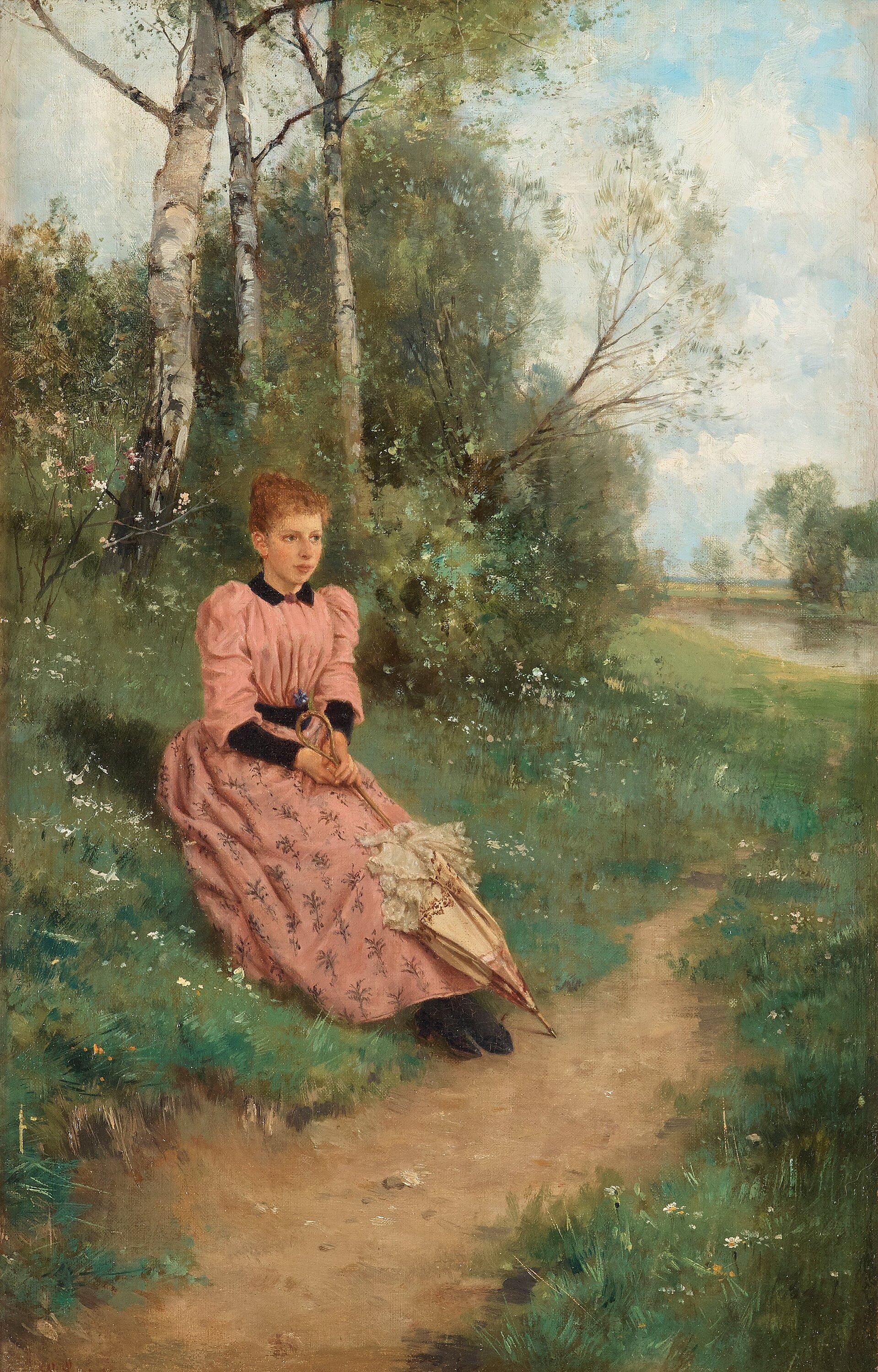 Louis Lang - Summer landscape with young woman