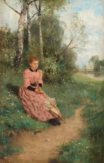 Louis Lang - Summer landscape with young woman