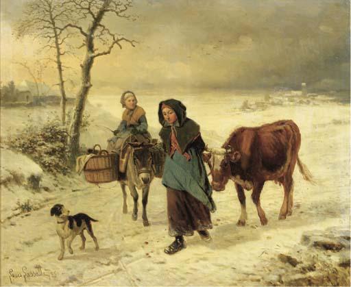 Louis Lassalle - Farmgirls on a path in winter