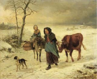 Louis Lassalle - Farmgirls on a path in winter