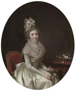 Louis-Léopold Boilly - Portrait of A Lady, Three-Quarter Length, Seated, In A White Dress, A Pink Rose In Her Left Hand