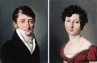 Louis-Léopold Boilly - Portraits of a gentleman and a lady, small bust-length; he in a black jacket, she in a red dress