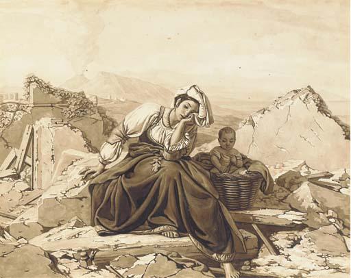 Louis-Léopold Robert - Une Napolitaine Éplorée Assise Avec Son Enfant Sur Les Ruines D\'Une Maison, Le Vésuve Dans Le Fond