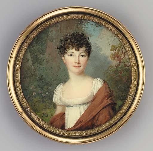 Louis-Lié Périn-Salbreux - A young lady in a landscape, facing right in white dress with blue sash, brown shawl draped around her shoulders, short curly dark hair; flowers and foliate background