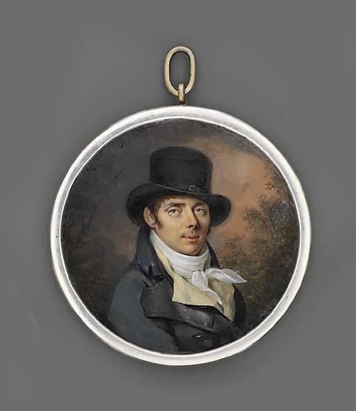 Louis-Lié Périn-Salbreux - M. Le Duc de Lajonchère (1756-1825), Wearing A Black Top Hat, Blue Coat With Gold Buttons, Ochre Coloured Waistcoat And Knotted Cravat; Foliate Background