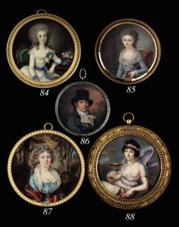 Louis-Lié Périn-Salbreux - Mr Le Duc de Lajonchère (1756-1825) wearing a black top hat, facing right in blue coat with gold butttons, cream-coloured waistcoat and tied cravat; foliate background