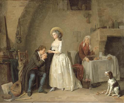 Louis-Marc-Antoine Bilcoq - An amorous couple in an interior with an old woman preparing a meal, musical instruments, a basket of flowers and a dog