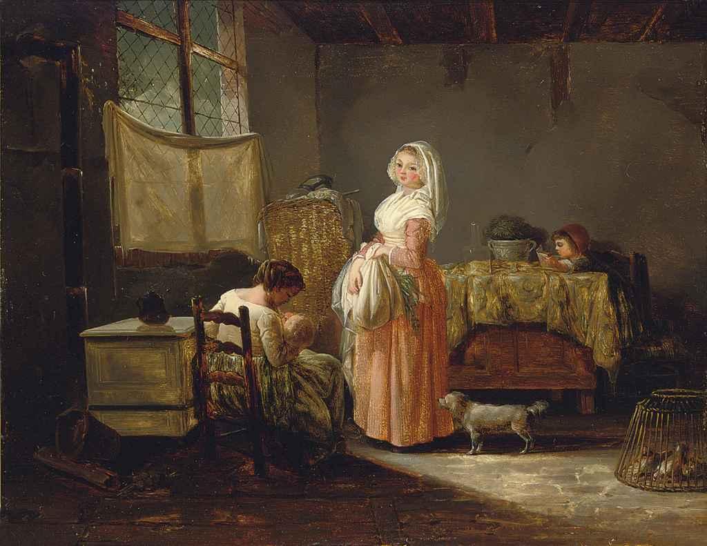 Louis-Marc-Antoine Bilcoq - Women and children in a kitchen interior