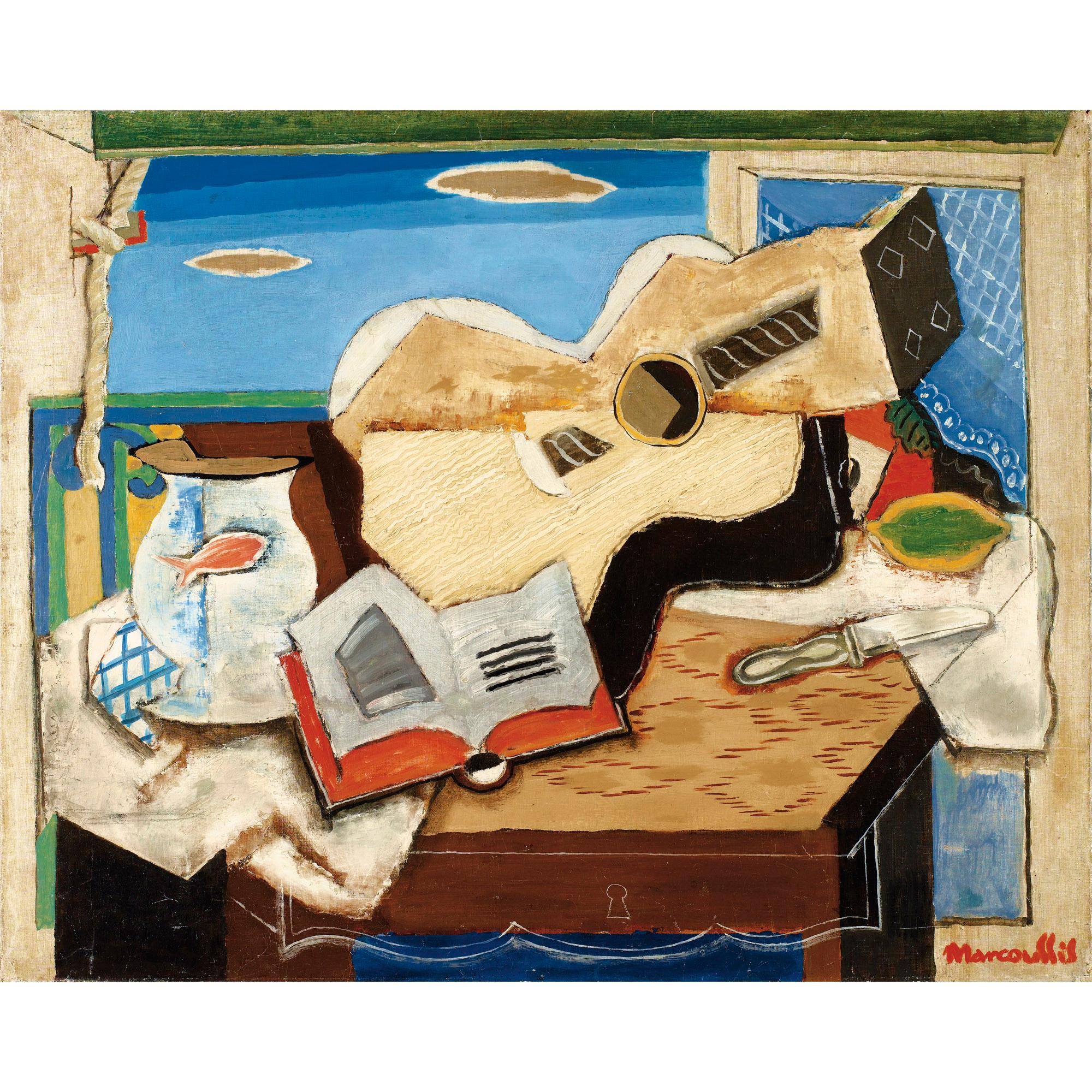 Louis Marcoussis - Bocal Au Poisson, Livre, Guitare Devant Le Balcon