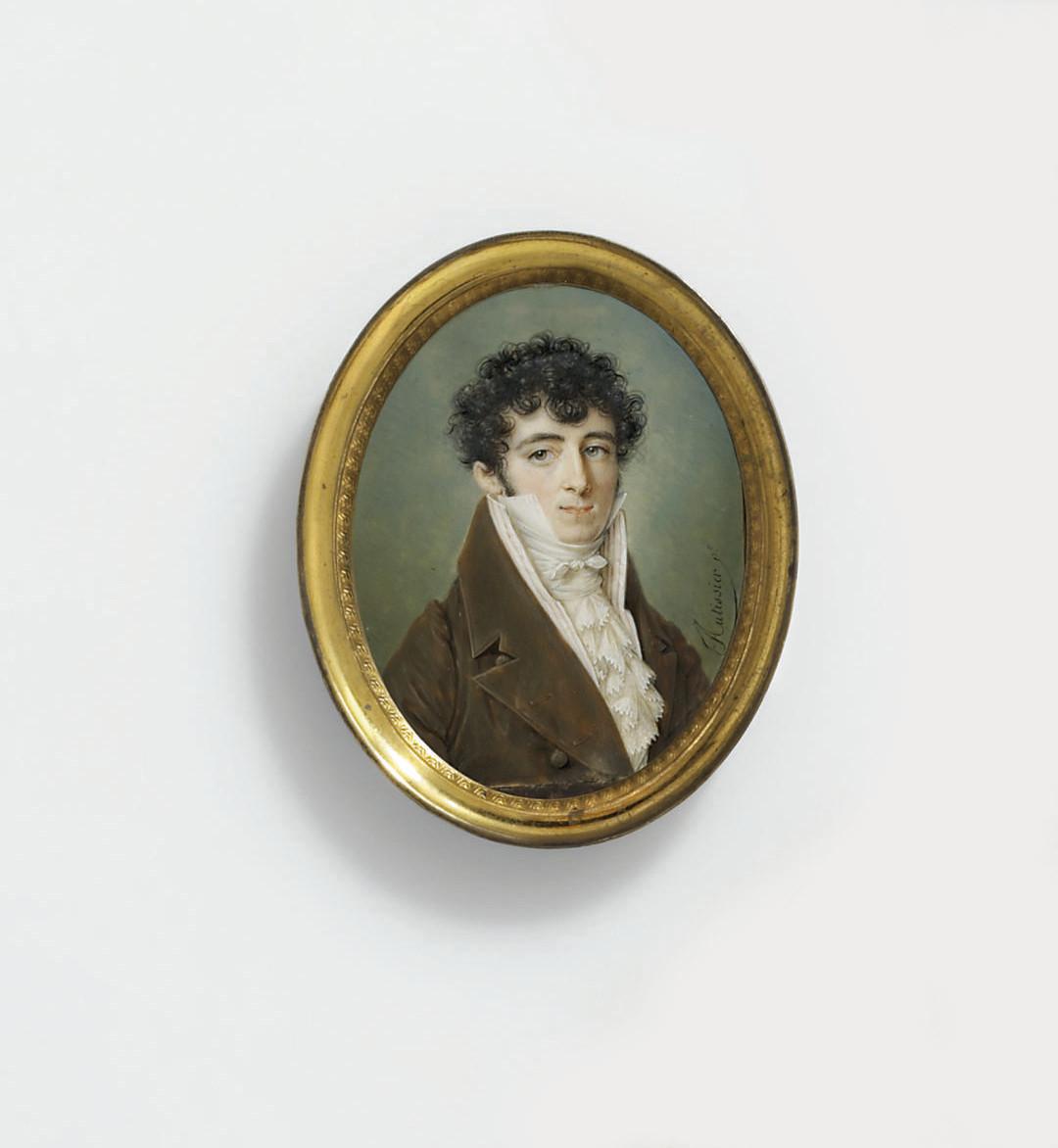 Louis-Marie Autissier - A young gentleman, in olive brown coat, striped waistcoat, white frilled cravat, dark curling hair (artist\'s joins)
