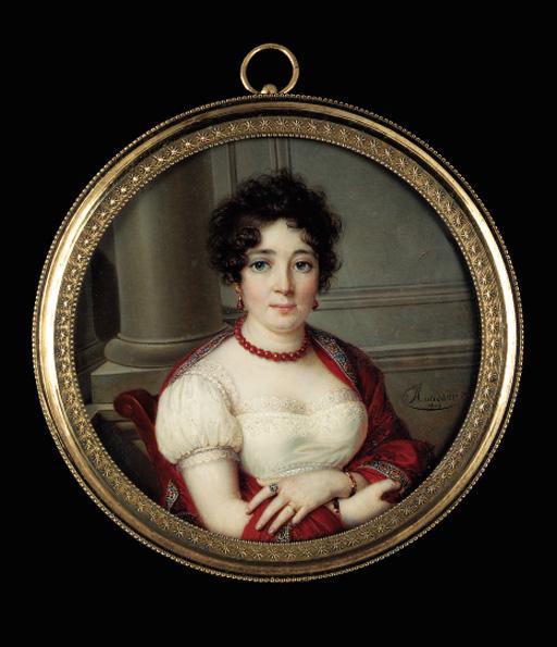 Louis-Marie Autissier - The actress Johanna Wattier-Ziesenis, full face in lace-bordered white dress with sprigged sleeves, red cashmere stole draped around her shoulders, coral necklace and earrings; seated in a wooden chair, column background