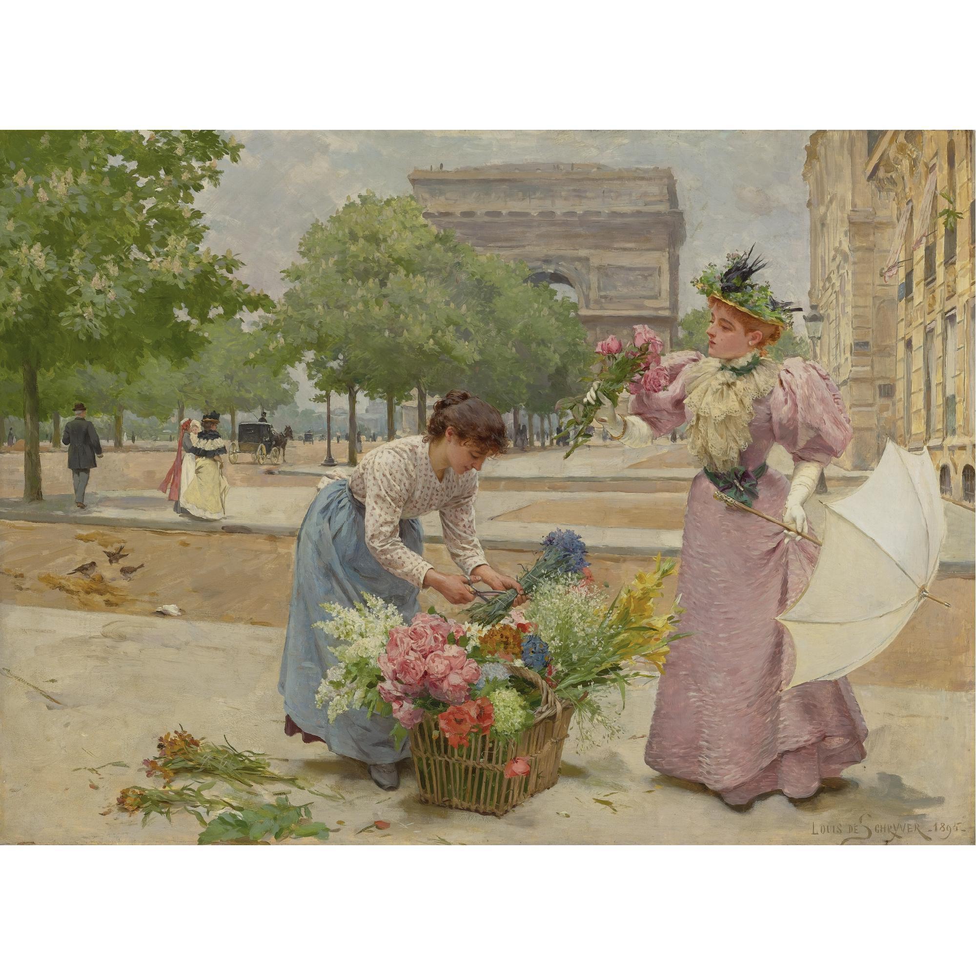 Louis Marie de Schryver - French A Flower Seller On The Champs-Elysées