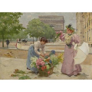 Louis Marie de Schryver - French A Flower Seller On The Champs-Elysées