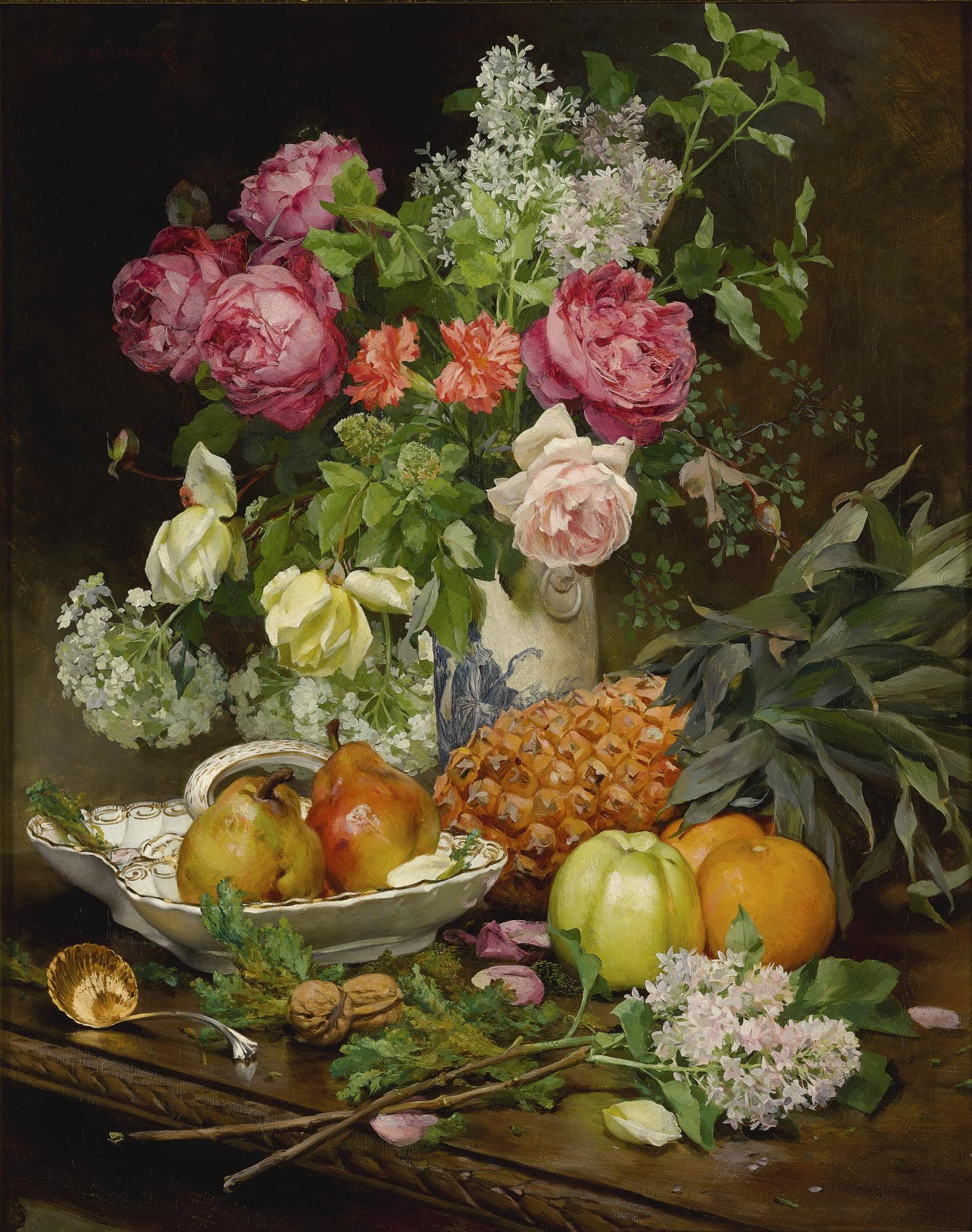 Louis Marie De Schryver - Still Life With Flowers And Pineapple