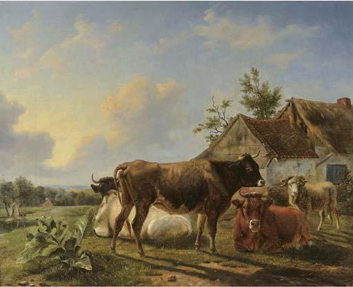 Louis Marie Dominique Romain Robbe - Cattle in a meadow by a farm