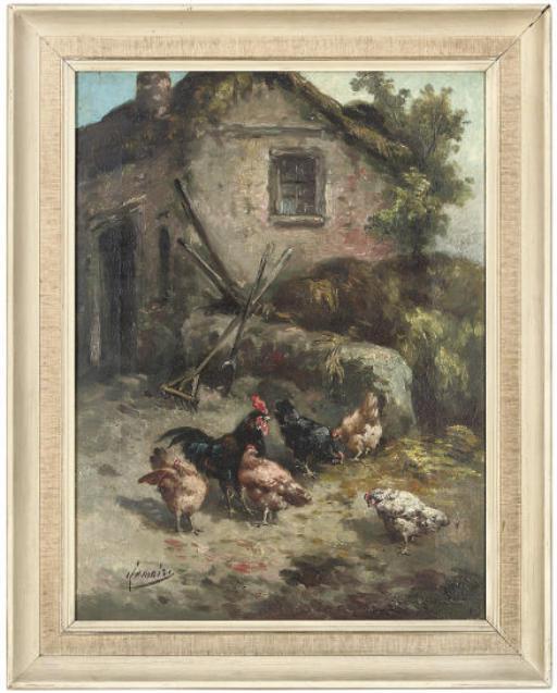 Louis Marie Lemaire - Chickens In A Farmyard