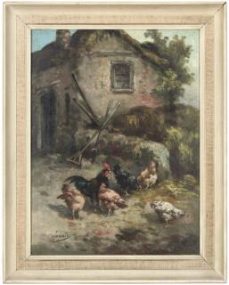 Louis Marie Lemaire - Chickens In A Farmyard