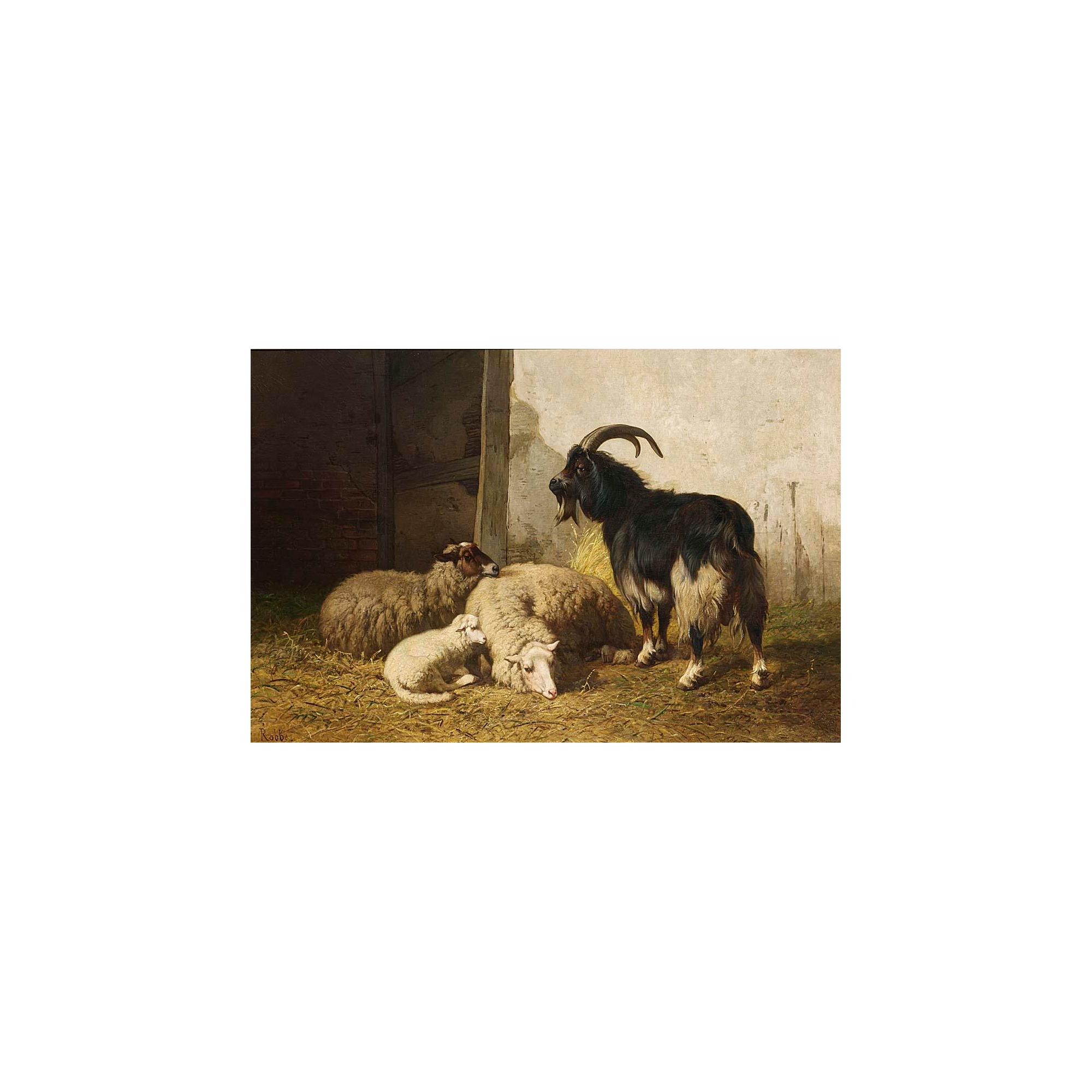 Louis Marie Robbe - Sheep And A Goat In A Stable