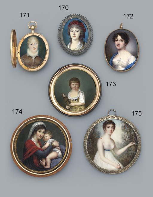 Louis-Marie Sicardi - Madame Tallien (1773-1835), In Yellow Dress With Fichu, Blue Checked Red Scarf Twisted In Her Long Powdered Curling Hair