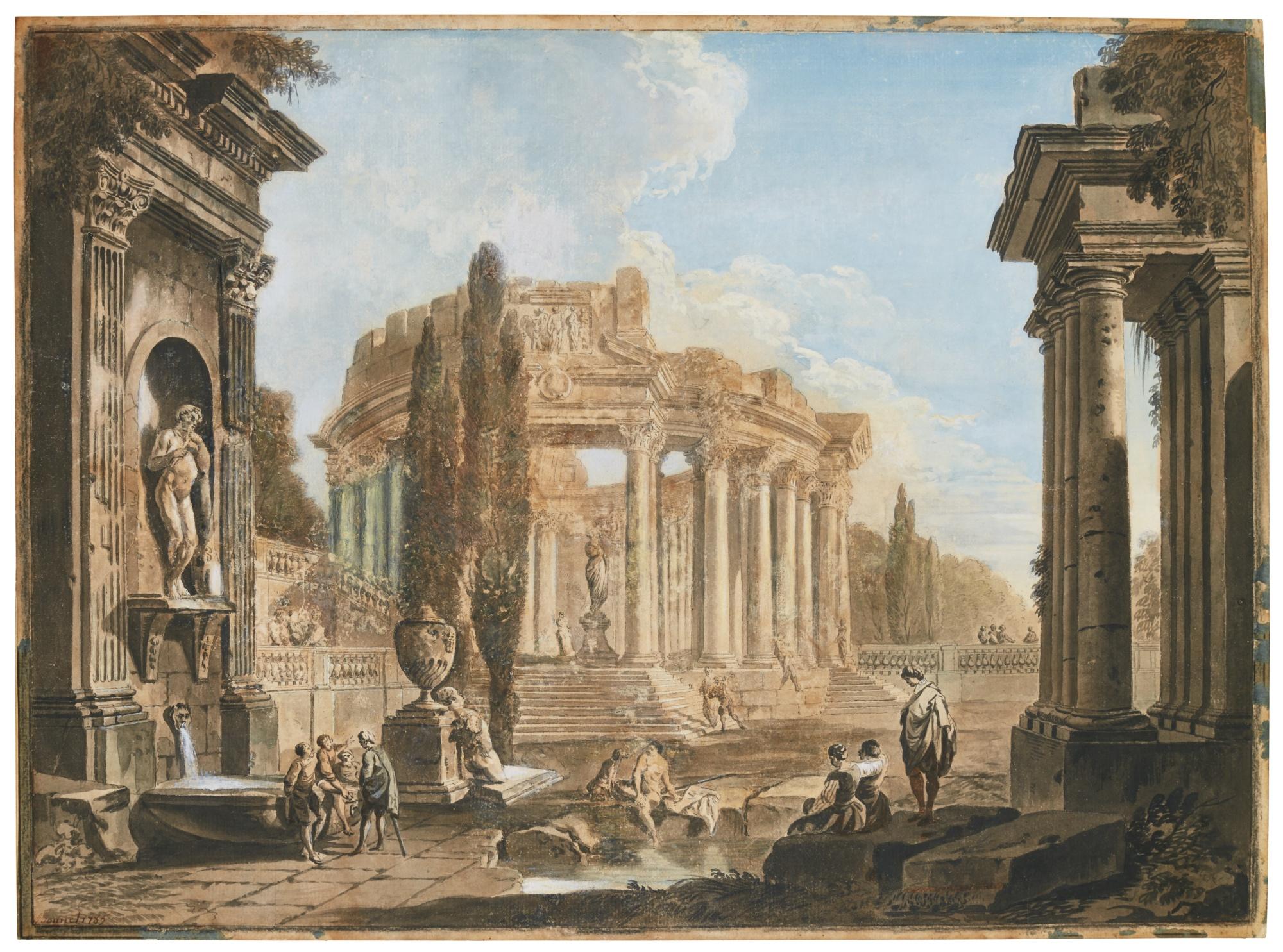 Louis Marin Bonnet - Architectural Landscape With Figures Amongst Classical Ruins