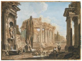 Louis Marin Bonnet - Architectural Landscape With Figures Amongst Classical Ruins