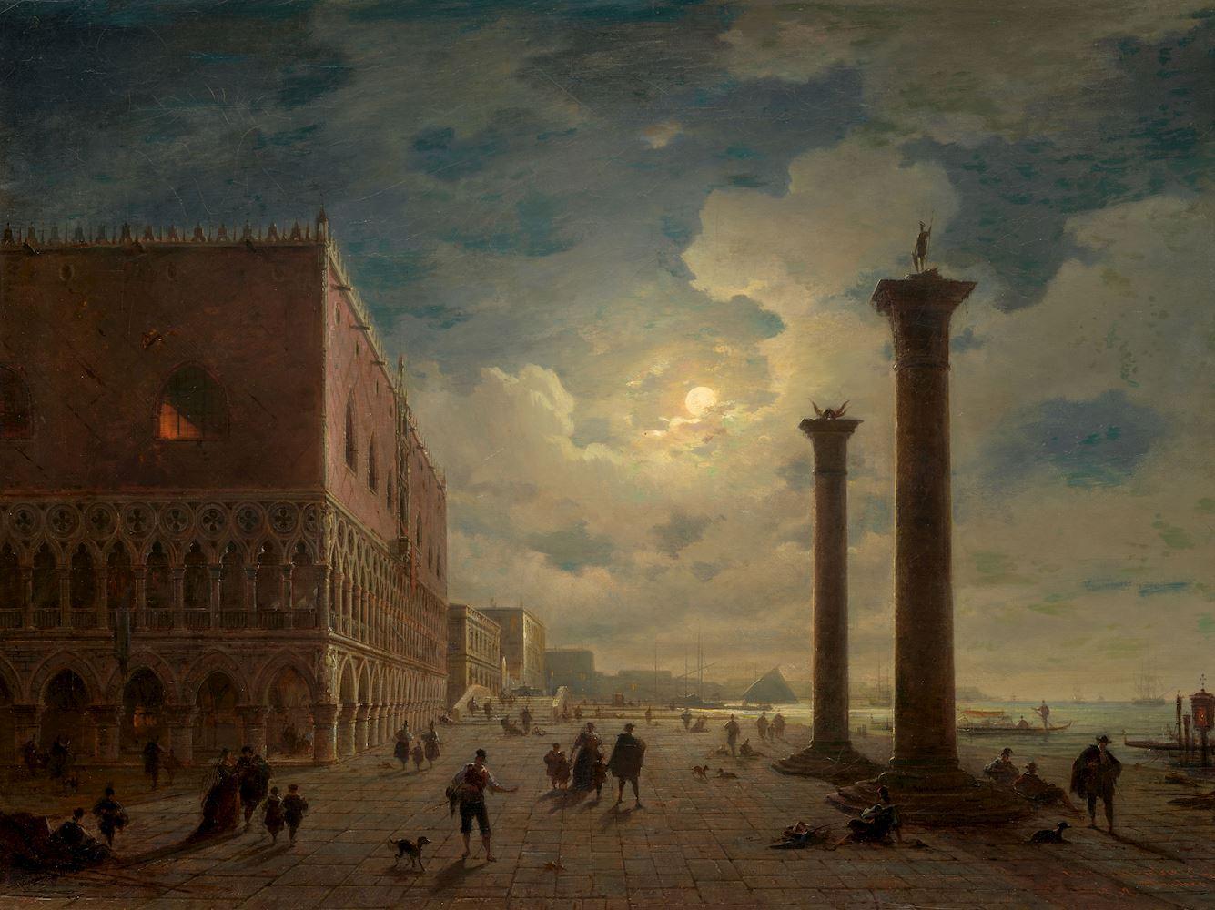Louis Mecklenburg - Piazza San Marco bei Nacht. 1852.