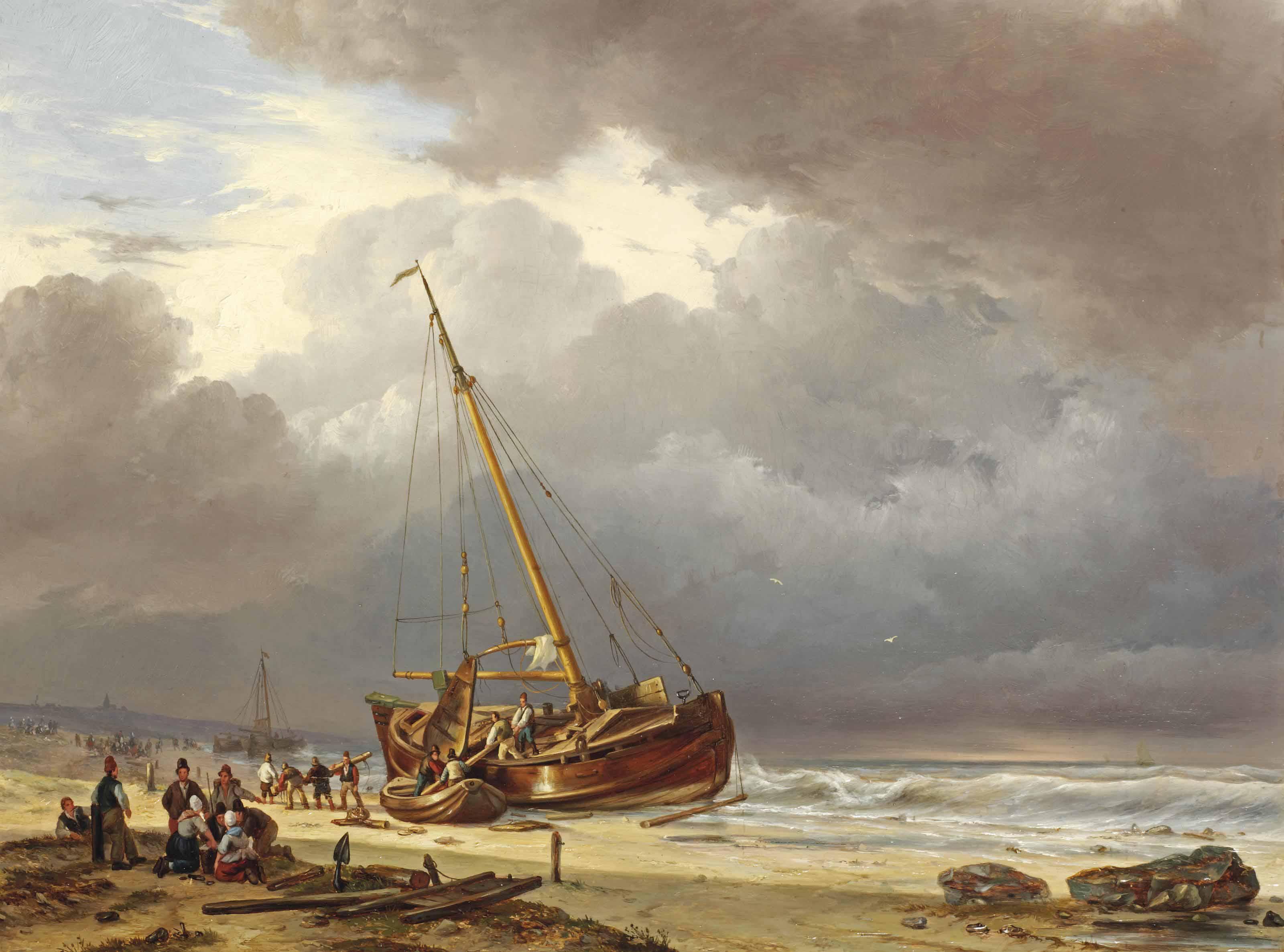 Louis Meijer - Fishermen Unloading Their Barge On The Beach